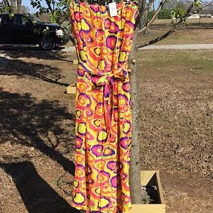 Ashley Stewart Strapless Abstract Yellow Pink Orange Print Maxi Dress